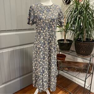 Vintage 90s Y2K Blue and Cream Botanical Floral Midi/Maxi Dress Size 12P Petite